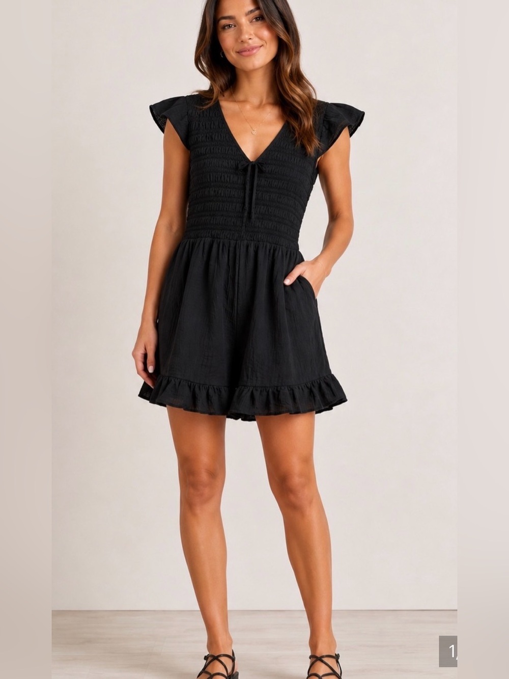 LOFT Black Smocked Bodice Flutter Sleeve Ruffle Hem Flowy Mini Dress Size XXLP